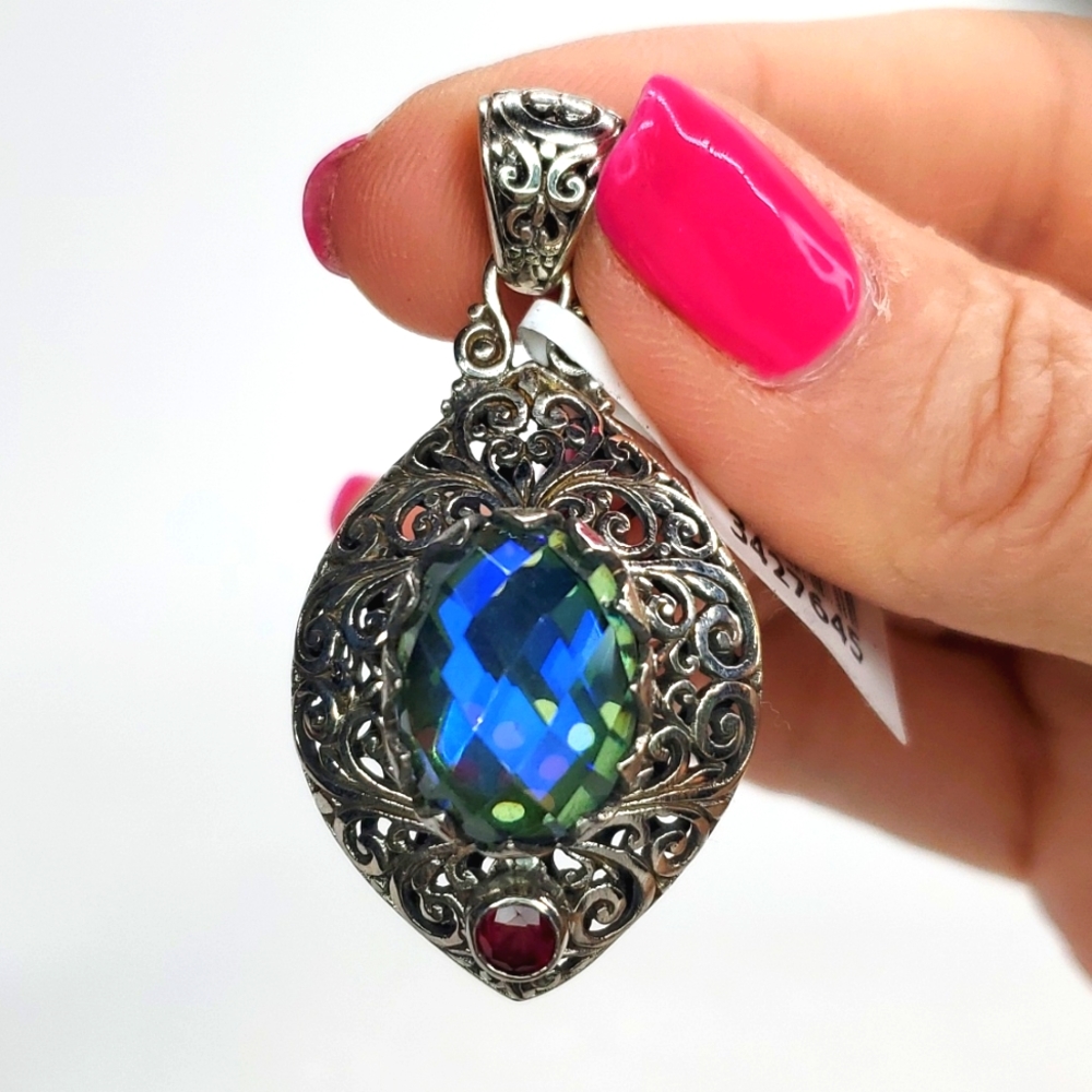 BALI LEGACY Peacock Quartz Niassa Ruby Pendant in Sterling Silver NWT